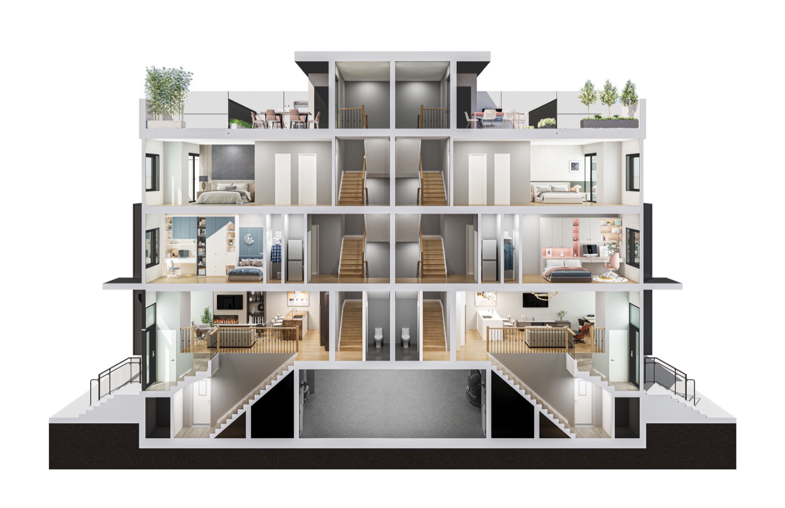 Cutaway artist’s rendering showing the multi-level townhome layout