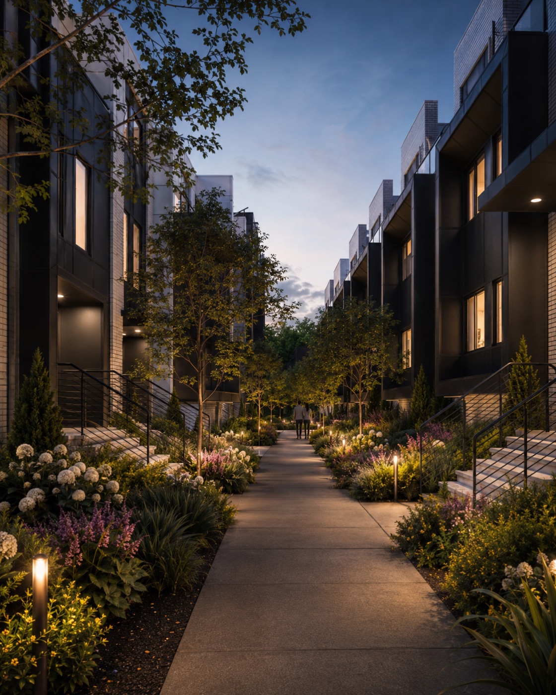Artist’s rendering of a landscaped walkway at Lambton Mills