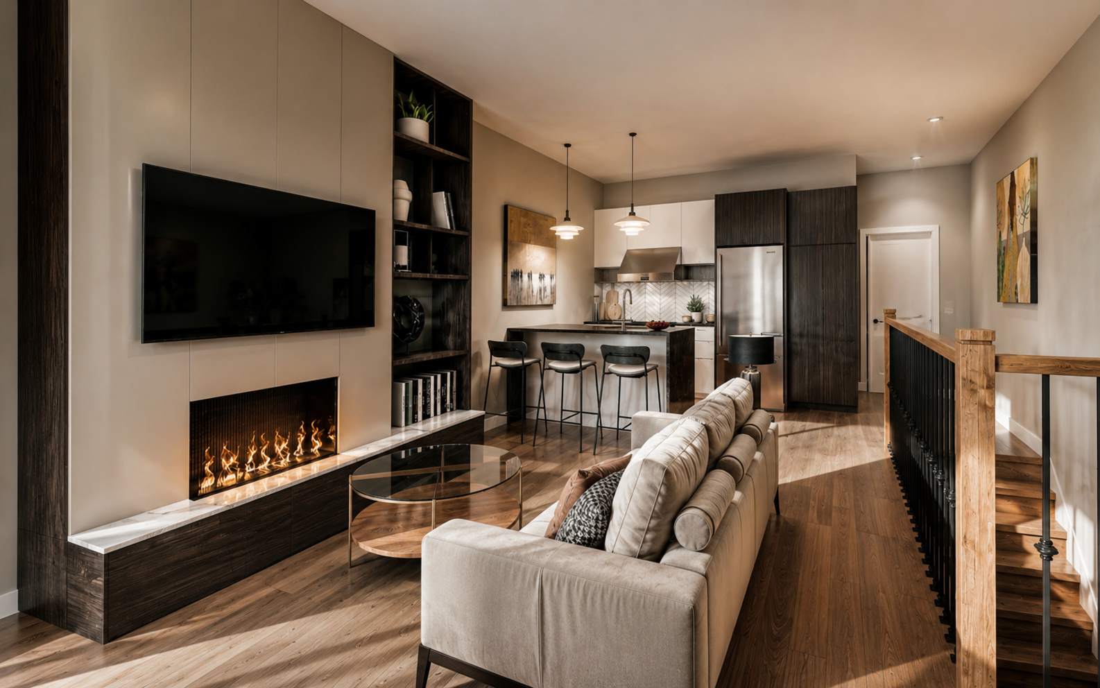Open-concept Lambton Mills living room and kitchen rendering